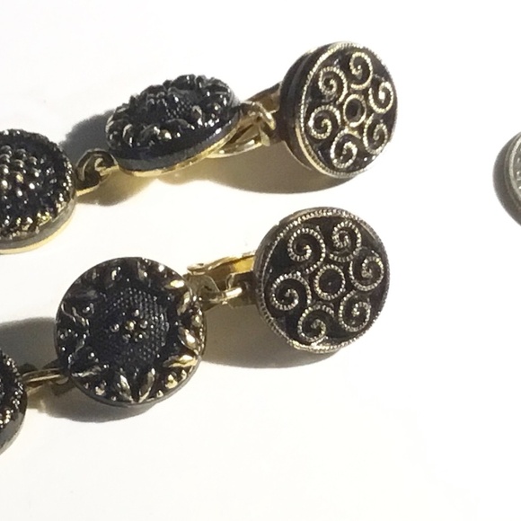 Antique Victorian Lacy Black Pressed Glass Buttons as Drop Earrings - Picture 2 of 3